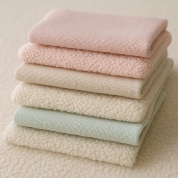 Yumuşak tonlu kumaş ve kilim örneklerinin üst üste dizili olduğu pano