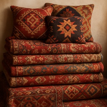 Farklı köşe tiplerinde kullanılan kilim ve yastıkların üst üste dizili hali