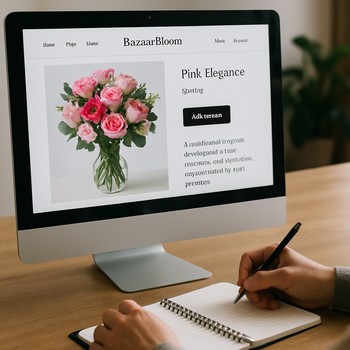 Bilgisayar ekranında BazaarBloom ürün sayfası açıkken not alan bir kullanıcı