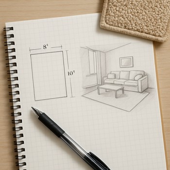 Kilim ölçüleri ve oda eskizi çizilmiş defter sayfası