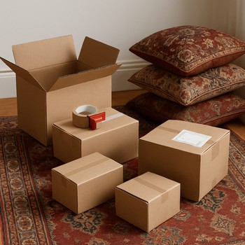 Kargoya gitmek üzere hazırlanmış kutular ve yanlarında dizili kilim ile yastıklar