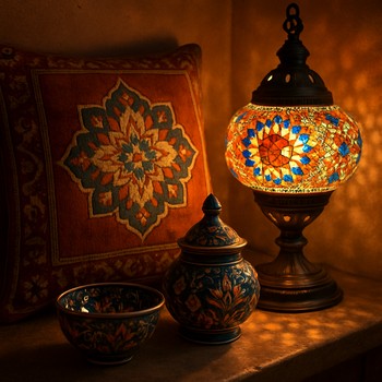 Mozaik lamba ışığında pinco yastık ve pin co seramik detayları