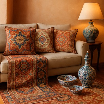 İstanbul esintili yastıklar, kilim ve seramiklerle hazırlanmış salon köşesi