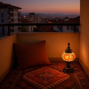 Ankara’da küçük bir balkonda kilim, yastık ve küçük lamba ile hazırlanan köşe