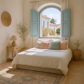 İzmir’de yatak ucu kilimi ve pastel yastıklarla hazırlanmış yatak odası