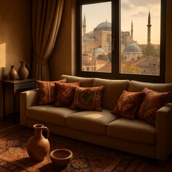 İstanbul’da bir salonda kilim, yastık ve seramiklerle hazırlanmış oturma köşesi