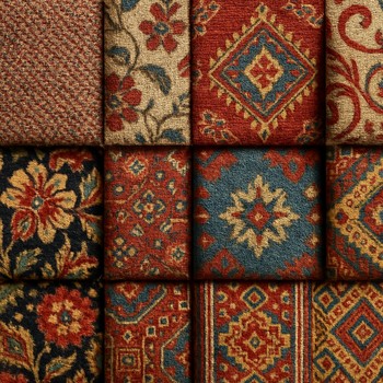 Farklı dokularda tekstil ve kilim kumaşı örneklerinin yer aldığı pano