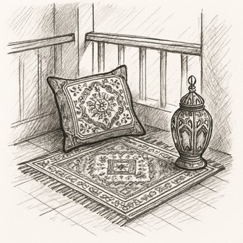 Balkon köşesi için kilim, yastık ve lamba yerleşimi eskizi