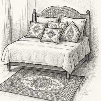 Yatak odasında yatak ucu kilimi ve yastık kombinlerini gösteren eskiz