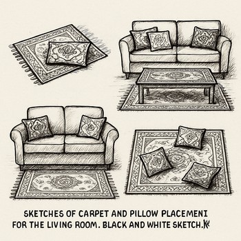 Salon için kilim ve yastık yerleşim eskizlerini gösteren çizim