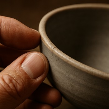 Seramik kasenin kenarını ışık altında çatlak kontrolüne tutan eller