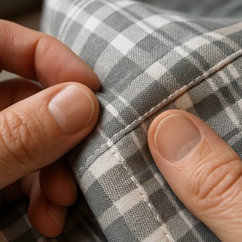 Yastık kılıfının dikişlerini ve desenlerini kontrol eden eller
