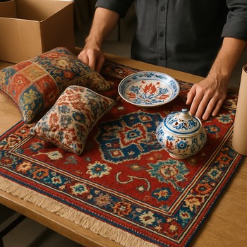 Kargoya gitmeden önce kilim, yastık ve seramiklerin birlikte son kez kontrol edildiği masa