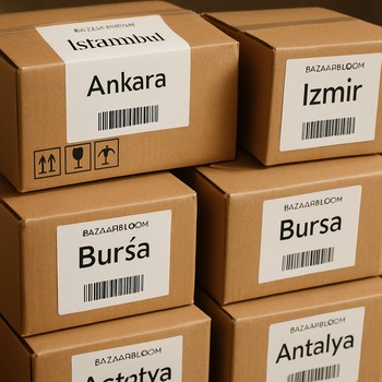 Farklı şehir isimleri yazan etiketlerle hazırlanmış BazaarBloom kargo kutuları