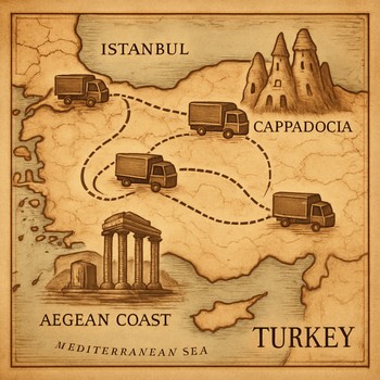 Türkiye haritası üzerinde çizilmiş teslimat rotalarını gösteren stilize çizim