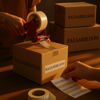 Akşam ışığında koli bantlanan ve etiketlenen BazaarBloom paketleri