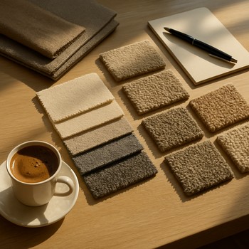 Sabah saatlerinde kumaş ve kilim numuneleriyle hazırlanmış atölye masası