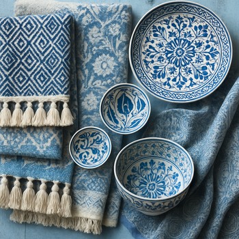 Serin tonlu tekstil ve seramik parçalarının yer aldığı stil panosu