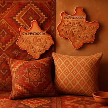 Sıcak tonlu kilim, yastık ve seramik kartlarının bulunduğu stil panosu