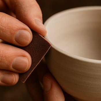 Pin co seramik kasenin kenarını zımparalayan ellerin yakın planı