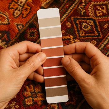 Kumaşların üzerinde renk kartelası tutan ellerin yakın planı