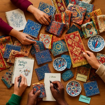 Büyük çalışma masasında kumaş numuneleri, seramikler ve notlar arasında çalışan ekip