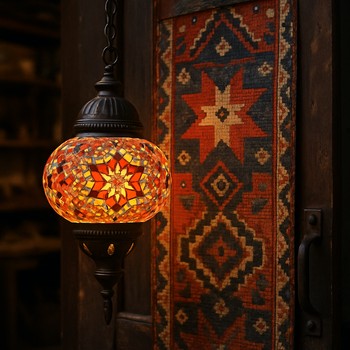 Atölye kapısında asılı duran küçük ışık ve kilim detayı