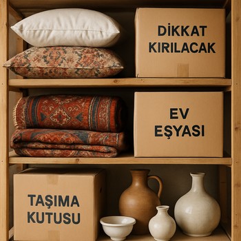 Kargo raflarında paketlenmeyi bekleyen yastık, kilim ve seramik kutuları