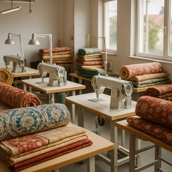 Atölye içinde dikiş makineleri ve kumaş rulolarıyla hazırlanmış çalışma masaları
