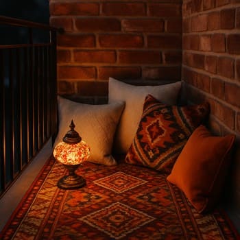 Sıcak tonlu kilim, yastıklar ve küçük lamba ile hazırlanmış balkon köşesi