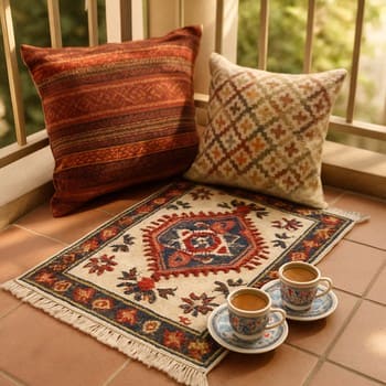 Balkon için hazırlanan mini kilim, yastık ve seramik fincanlardan oluşan set