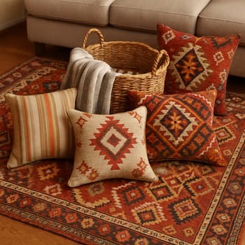 Sepet özetinde görülen kilim, yastık ve plaid kombinasyonu