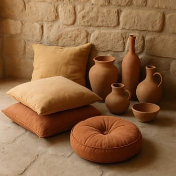 Kapadokya tonlarında yer minderleri ve toprak seramikler