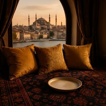 İstanbul manzaralı odada kilim, yastık ve seramiklerden oluşan set