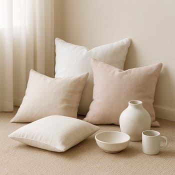 Pastel tonlu kilim ve yastıklarla hazırlanmış yumuşak koleksiyon