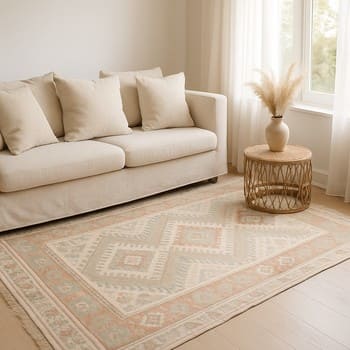 Gün ışığında açık tonlu kilim ve yastıklarla hazırlanmış salon köşesi