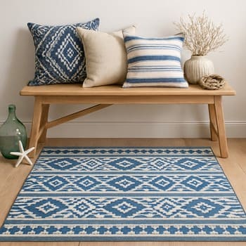 Ege esintili mavi beyaz giriş kilimi ve yastıklar