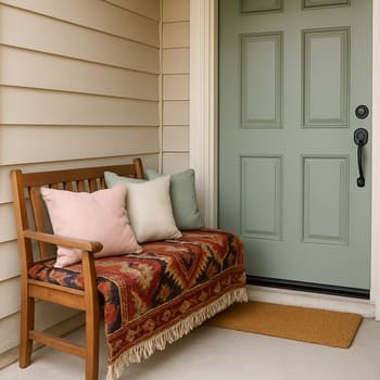 Kapı önünde yumuşak tonlu kilim ve pastel yastıklarla hazırlanmış bench