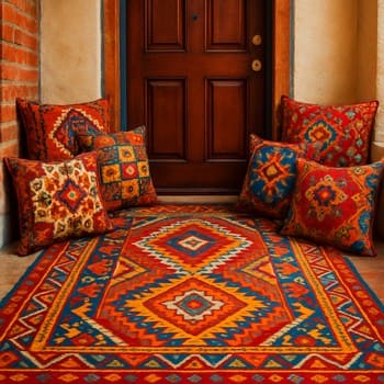 Renkli yastıklar ve desenli kilimle hazırlanmış enerji dolu giriş