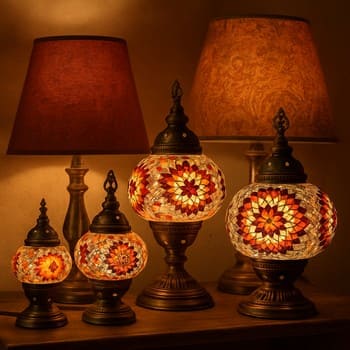 Raf üzerinde dizilmiş mozaik lambalar ve kumaş abajurlar