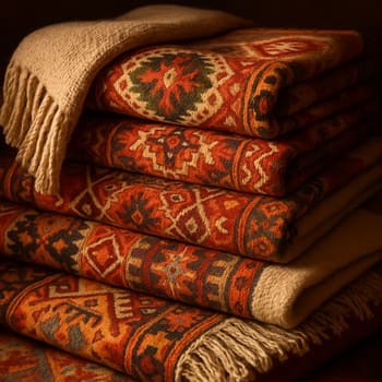 Üst üste dizilmiş el dokuması kilimler ve yumuşak plaidler