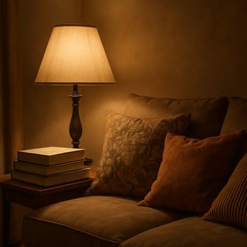 Kumaş abajurlu masa lambaları ve kitaplarla hazırlanmış köşe