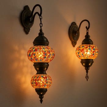 Duvara asılmış küçük mozaik lambalar ve aplikler
