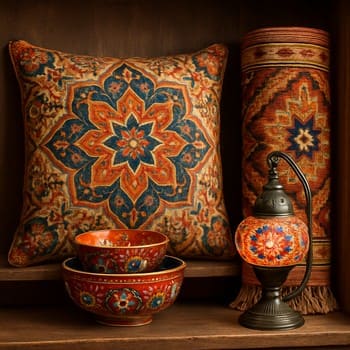 Raf üzerinde yastık, kilim rulosu, seramikler ve küçük lamba ile hazırlanmış karma set