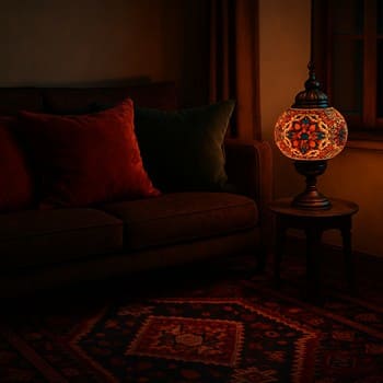 Akşam ışığında koyu kilim, kadife yastıklar ve mozaik lamba ile hazırlanmış köşe