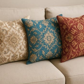 Aynı kanepede yan yana dizili üç farklı renk hattında dekoratif yastıklar