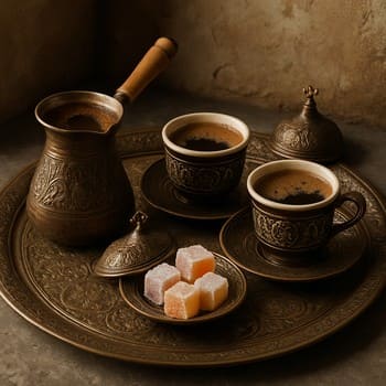 Kahve köşesinde yastıklar, küçük kilim ve seramik fincanlarla hazırlanmış alan