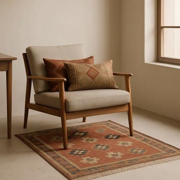 Çalışma odasında sandalye, kilim ve yastıklardan oluşan set