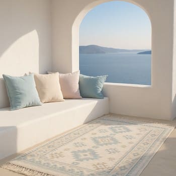 Ege sabahını anımsatan açık tonlu kilim ve pastel yastıklar