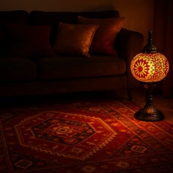 Sıcak tonlu kilim ve koyu kanepede akşam sahnesi